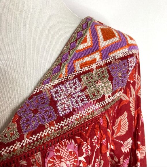 Rachel Zoe Red Bohemian Peasant Top Small Embroidered NWT Floral Oversized Boho - Picture 5 of 11